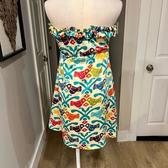 JUDITH MARCH sleeveless mini silk colorful folk print dress with jabot - Picture 5 of 13